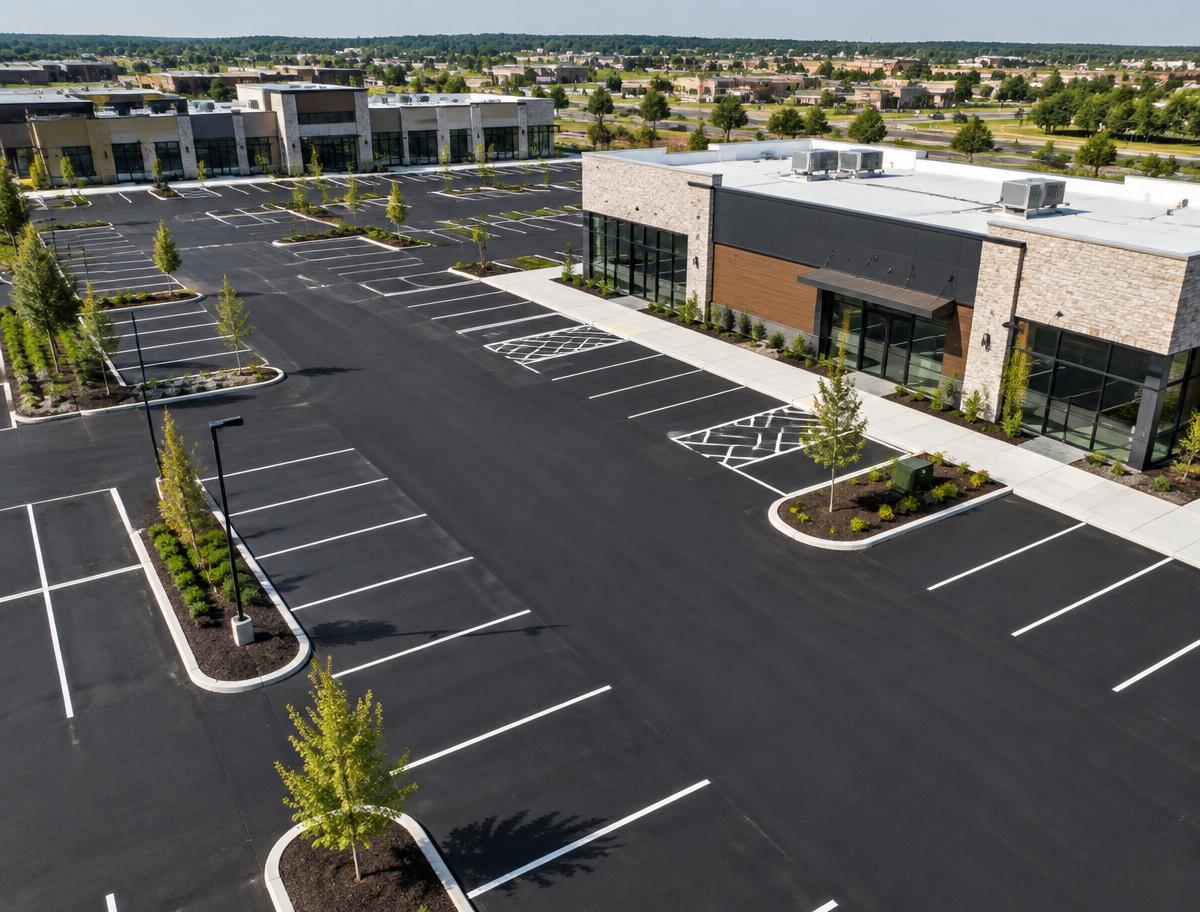 Completed commercial parking lot with fresh asphalt and striping
