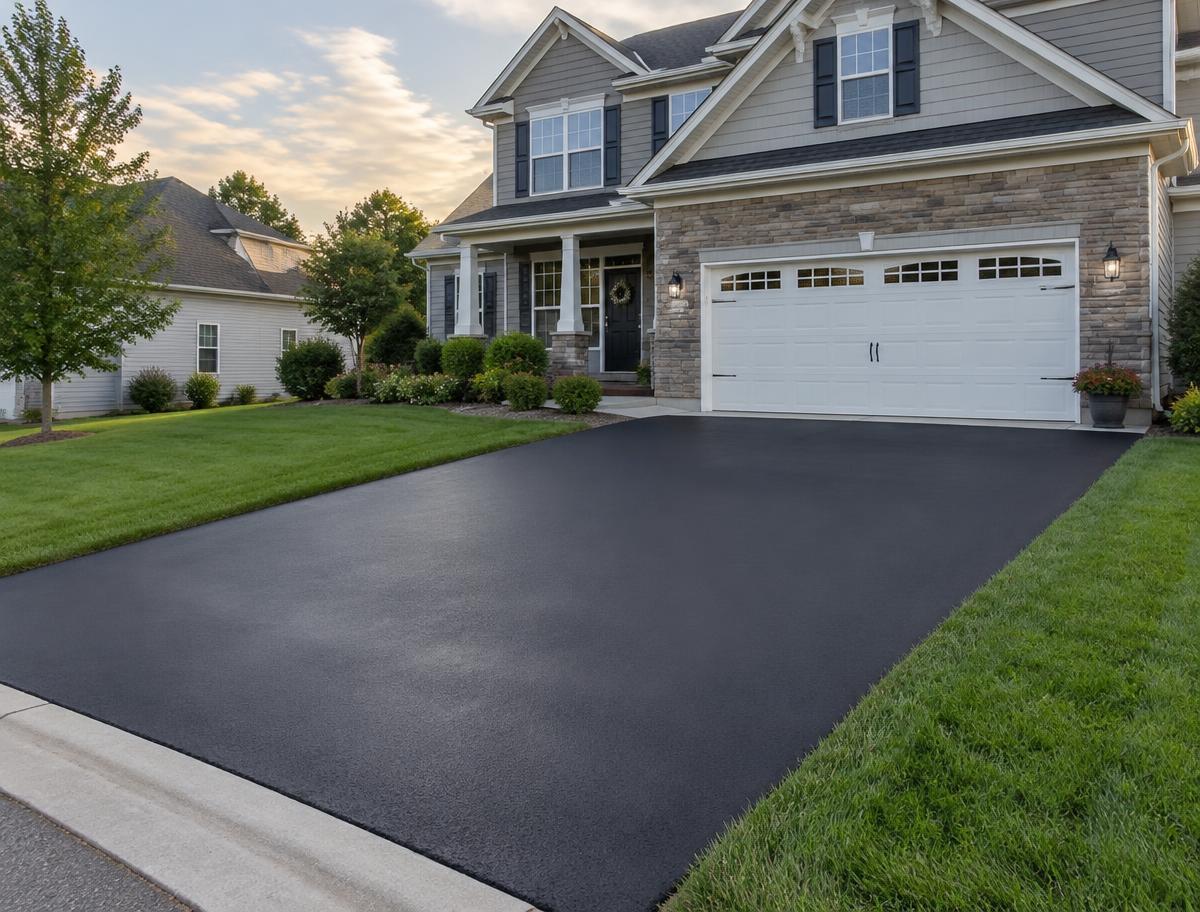 Freshly sealcoated residential driveway with a deep black finish